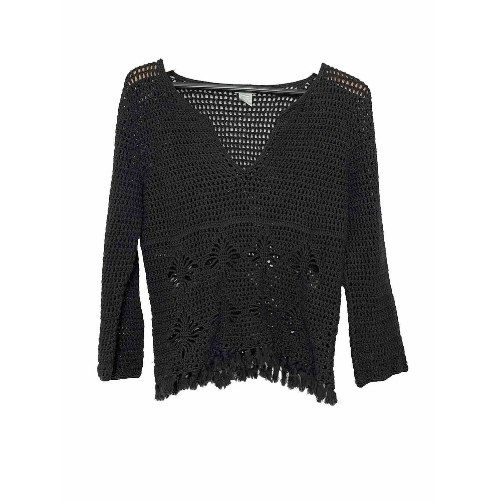 Black Knit Crochet Blouse Top Large cotton